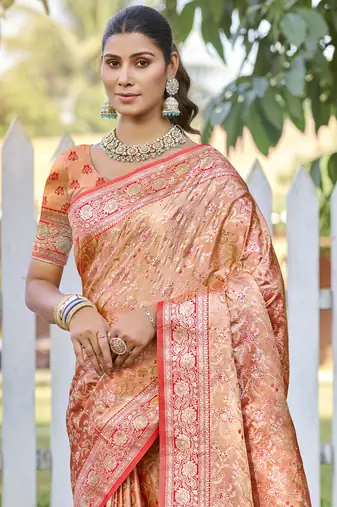 Sangam prints peach silk woven work festival saree