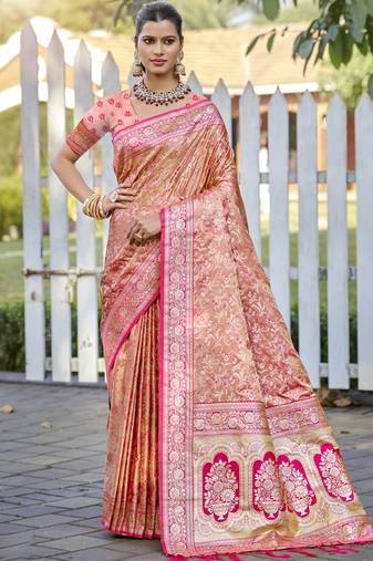 Sangam prints pink silk woven work festival saree