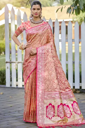 Sangam prints pink silk woven work festival saree
