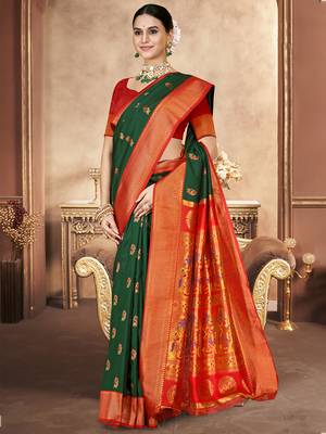 Sangam prints bottle green silk woven work festival saree 1