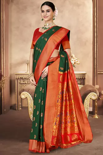Sangam prints bottle green silk woven work festival saree