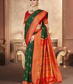 Sangam prints bottle green silk woven work festival saree