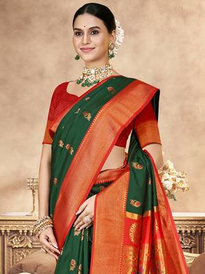 Sangam prints bottle green silk woven work festival saree 2