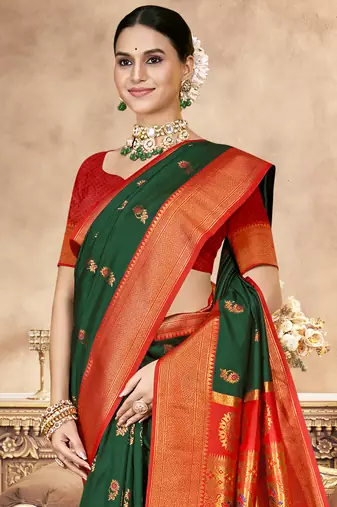 Sangam prints bottle green silk woven work festival saree