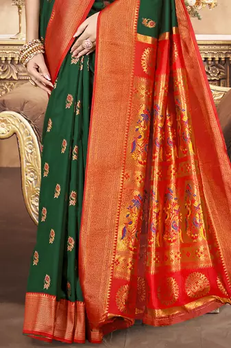 Sangam prints bottle green silk woven work festival saree