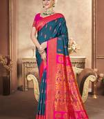 Sangam prints blue silk woven work festival saree