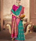 Sangam prints teal blue silk woven work festival saree