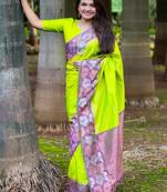 Lime green zari woven soft silk women's saree with blouse piece