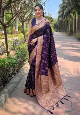 Purple zari woven Banarasi silk blend women's saree with blouse piece 1
