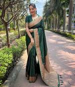 Green zari woven Banarasi silk blend women's saree with blouse piece