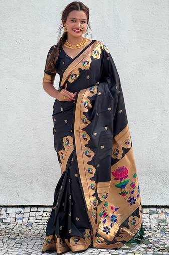 Black paithani silk saree with unstitched blouse piece