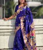 Blue paithani silk saree with unstitched blouse piece