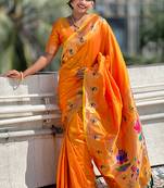 Orange paithani silk saree with unstitched blouse piece