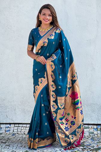 Teal paithani silk saree with unstitched blouse piece