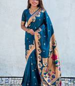 Teal paithani silk saree with unstitched blouse piece