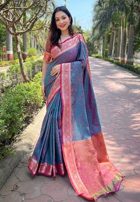 Blue zari woven kashmiri silk women's saree with blouse piece 1