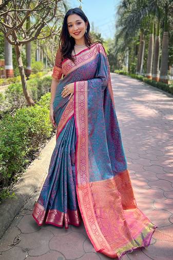 Blue zari woven kashmiri silk women's saree with blouse piece