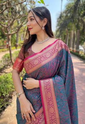 Blue zari woven kashmiri silk women's saree with blouse piece 3