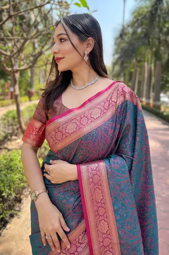 Blue zari woven kashmiri silk women's saree with blouse piece
