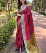 Pink zari woven kashmiri silk women's saree with blouse piece