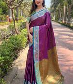Purple zari woven kashmiri silk women's saree with blouse piece