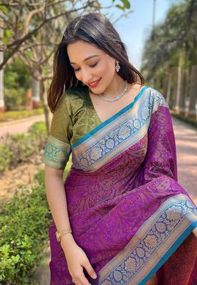 Purple zari woven kashmiri silk women's saree with blouse piece 3