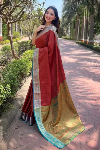 Red zari woven kashmiri silk women's saree with blouse piece