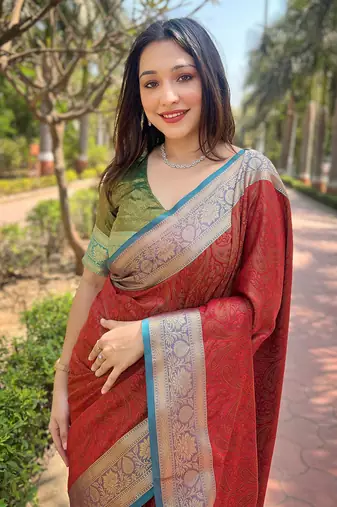 Red zari woven kashmiri silk women's saree with blouse piece