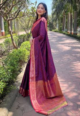 Navy blue zari woven kashmiri silk women's saree with blouse piece 2