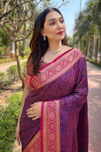 Navy blue zari woven kashmiri silk women's saree with blouse piece
