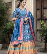 Wedding designer blue soft dola silk anarkali suit with dupatta