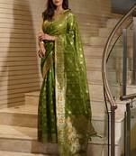 Mehendi zari woven organza women's saree with blouse piece