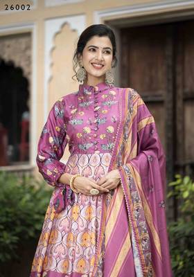 Wedding designer purple soft dola silk anarkali suit with dupatta 3
