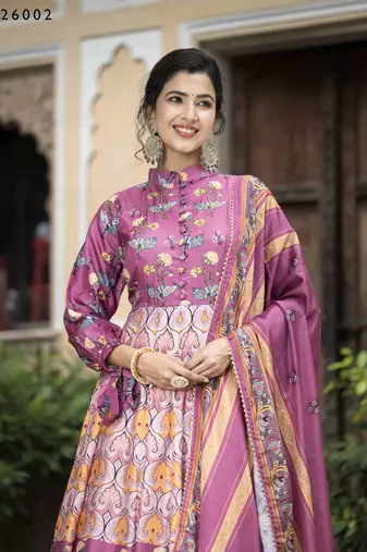 Wedding designer purple soft dola silk anarkali suit with dupatta