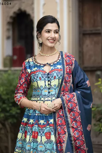 Wedding designer multi soft dola silk anarkali suit with dupatta