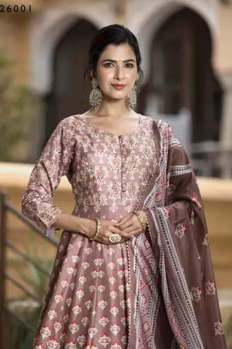 Wedding designer palemauve soft dola silk anarkali suit with dupatta