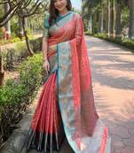 Peach zari woven tissue silk women's saree with blouse piece