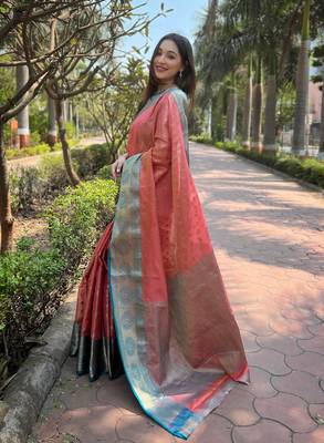 Peach zari woven tissue silk women's saree with blouse piece 2