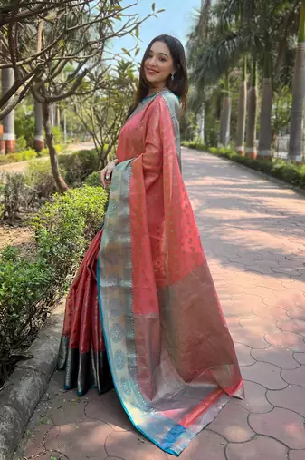 Peach zari woven tissue silk women's saree with blouse piece