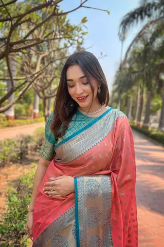 Peach zari woven tissue silk women's saree with blouse piece