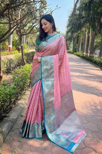 Pink zari woven tissue silk women's saree with blouse piece