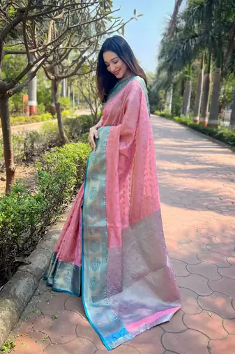 Pink zari woven tissue silk women's saree with blouse piece
