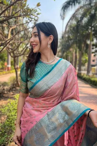 Pink zari woven tissue silk women's saree with blouse piece