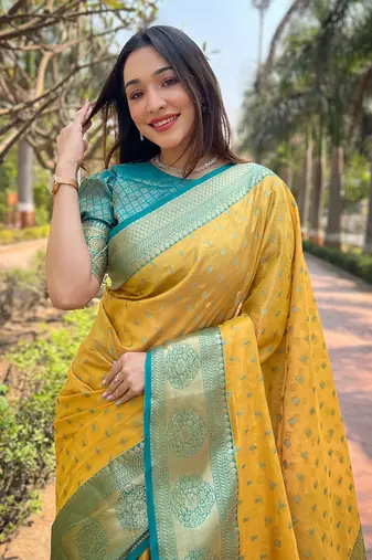 Yellow zari woven tissue silk women's saree with blouse piece