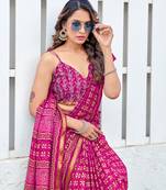Pink printed cotton saree with blouse piece