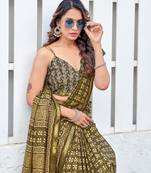 Mehendi printed cotton saree with blouse piece