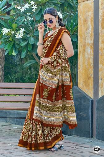 Brown printed cotton saree with blouse piece