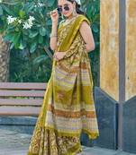 Green printed cotton saree with blouse piece