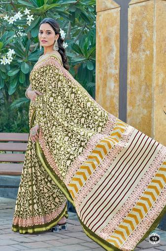 Green printed cotton saree with blouse piece