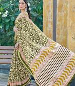 Green printed cotton saree with blouse piece